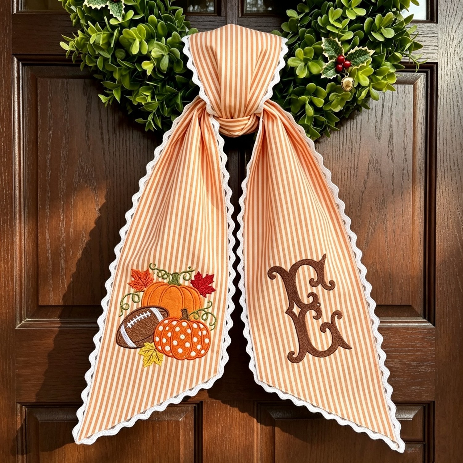 Personalized Football Wreath Sash, Embroidered Football & Pumpkin Design, Custom Monogram Fall Front Door Decor
