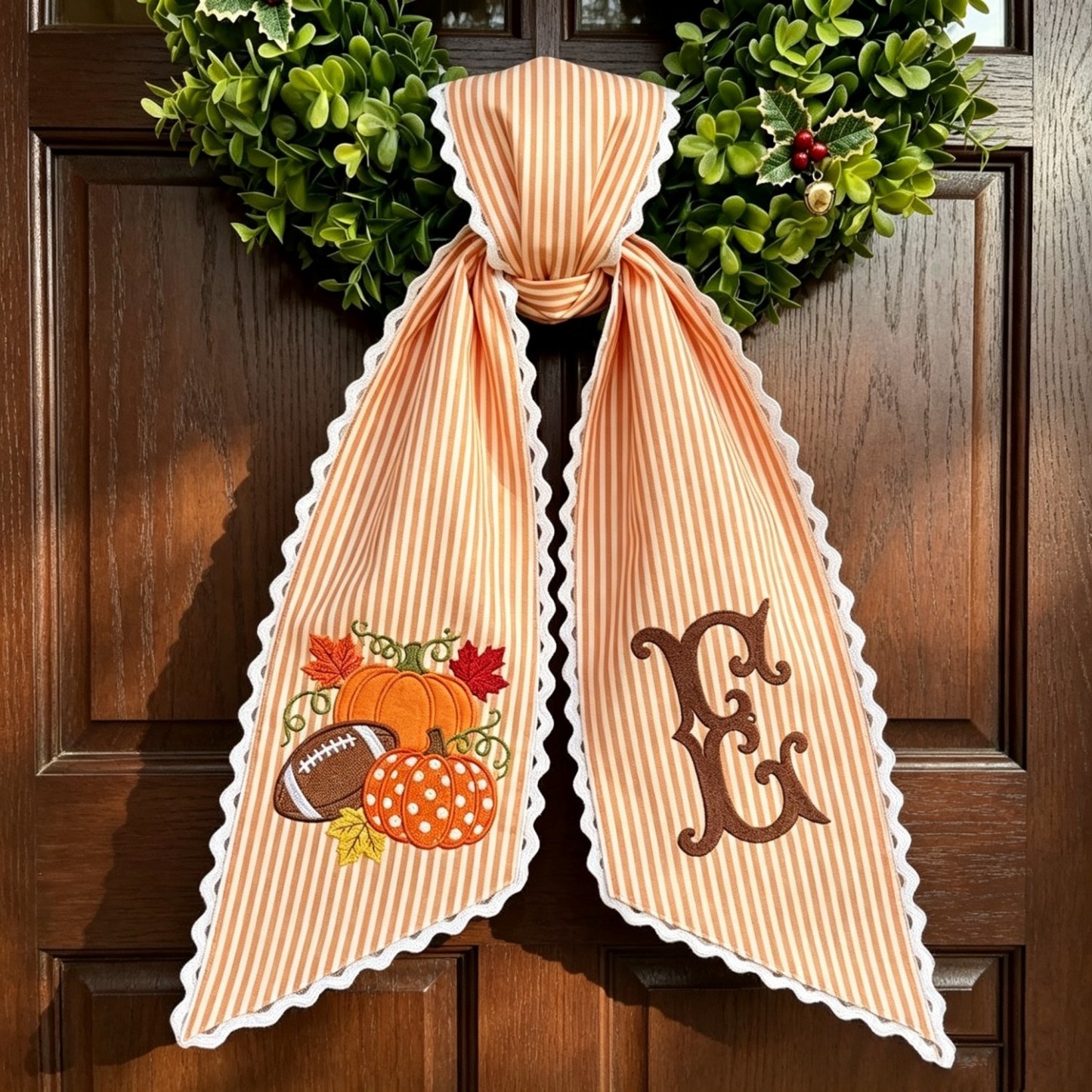 Personalized Football Wreath Sash, Embroidered Football & Pumpkin Design, Custom Monogram Fall Front Door Decor