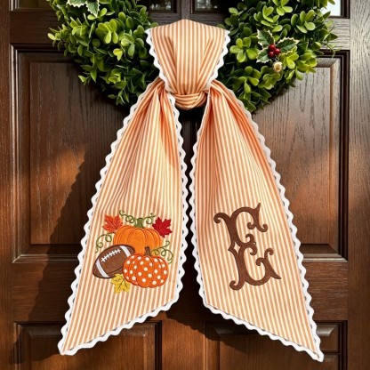 Personalized Football Wreath Sash, Embroidered Football & Pumpkin Design, Custom Monogram Fall Front Door Decor