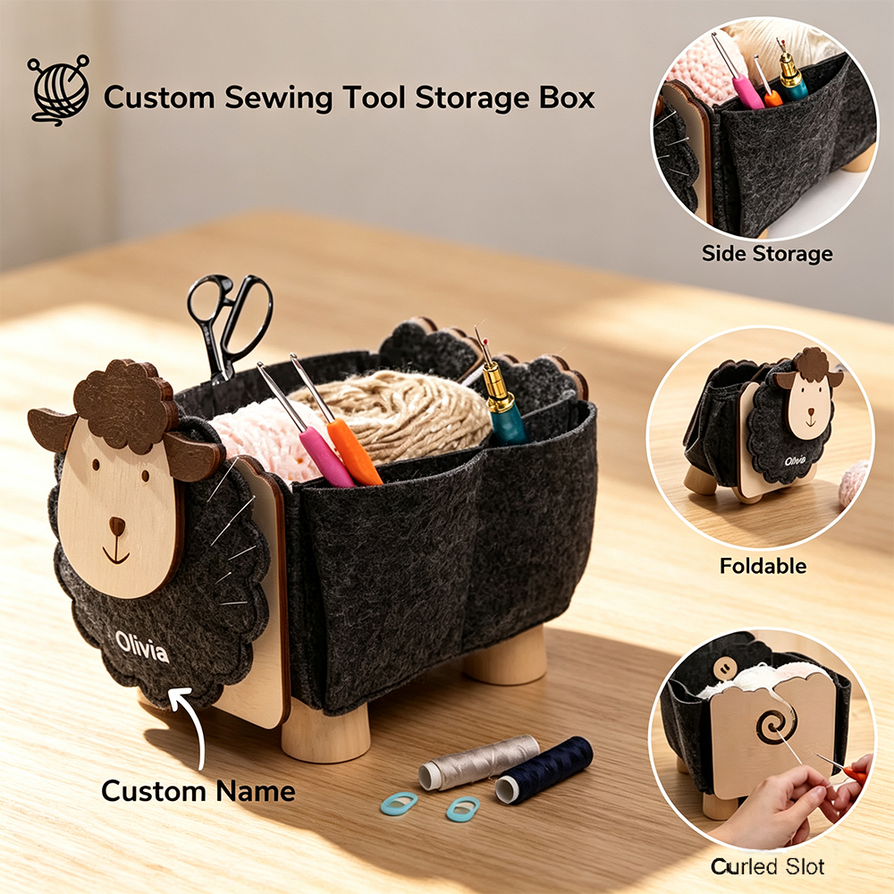 Personalized Sheep-Shaped Sewing Organizer with Custom Name, Foldable Yarn and Crochet Tool Storage Box, Gift for Crafters