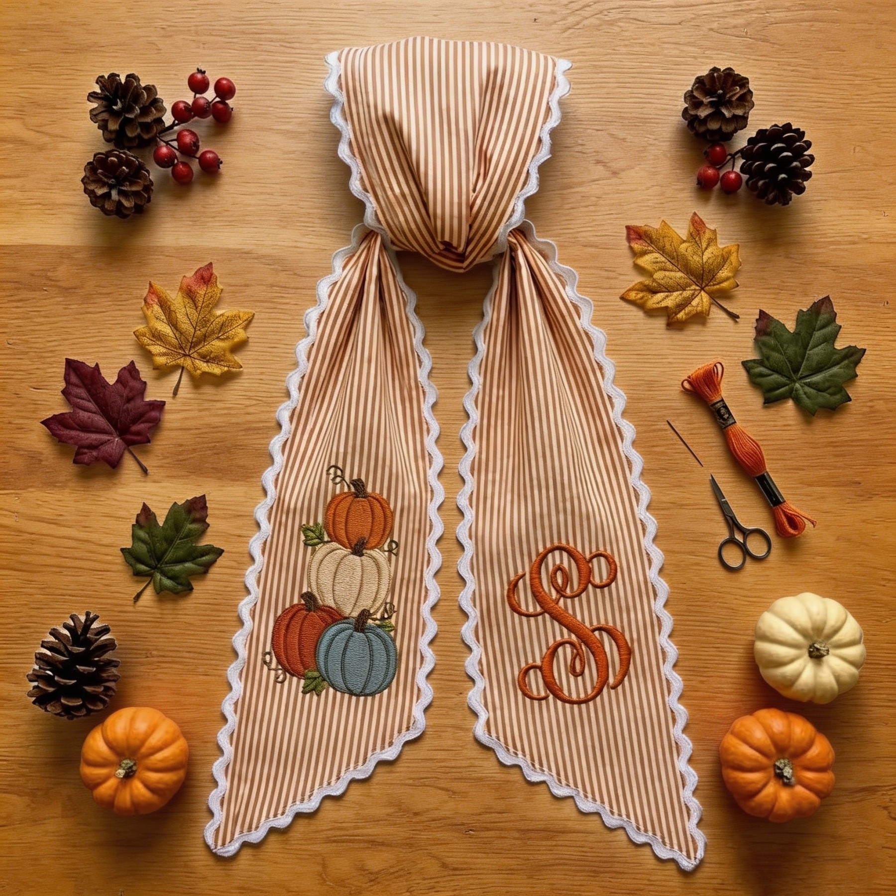 Personalized Pumpkin Wreath Sash, Embroidered Initial Fall Door Decor, Toile Front Door Bow