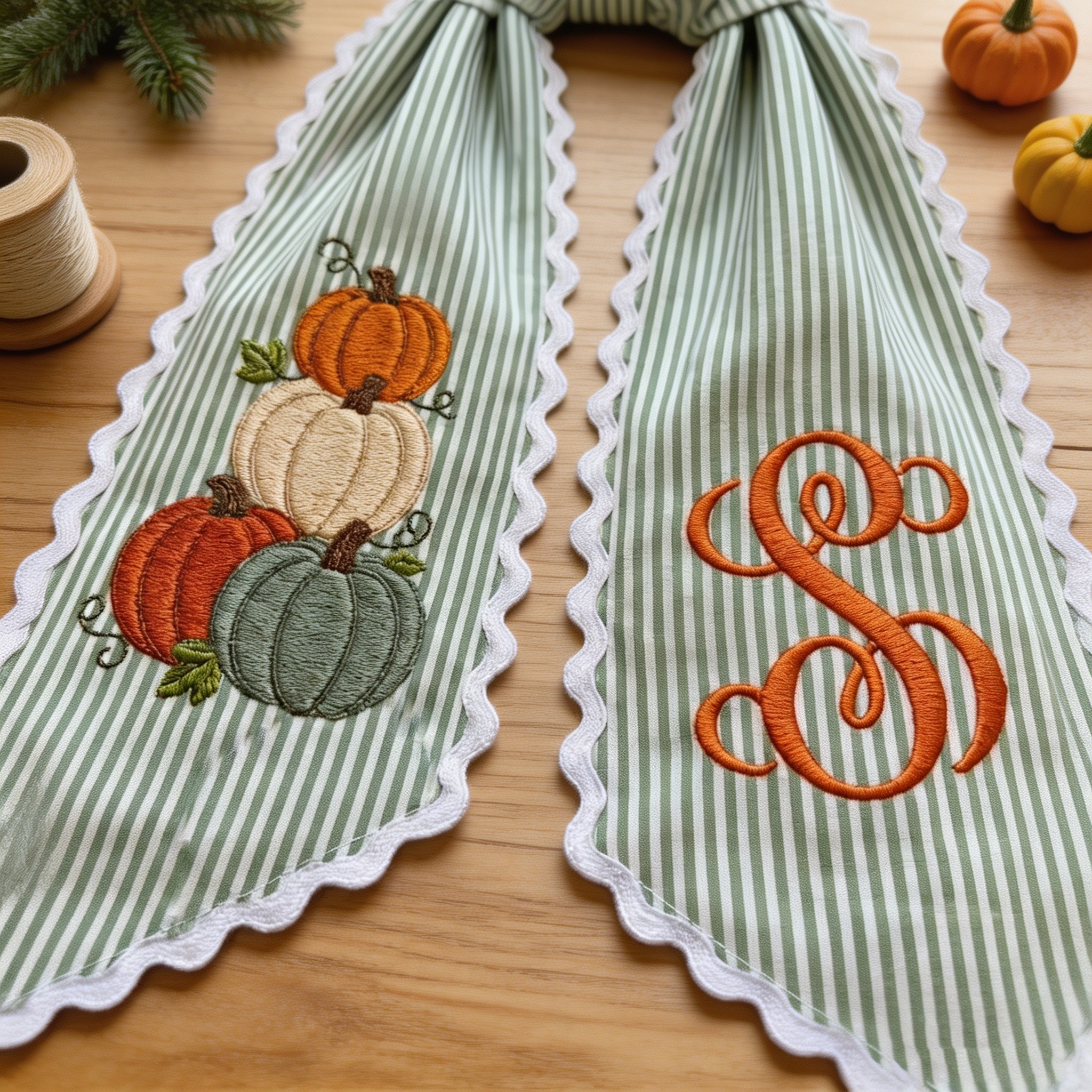 Personalized Pumpkin Wreath Sash, Embroidered Initial Fall Door Decor, Toile Front Door Bow