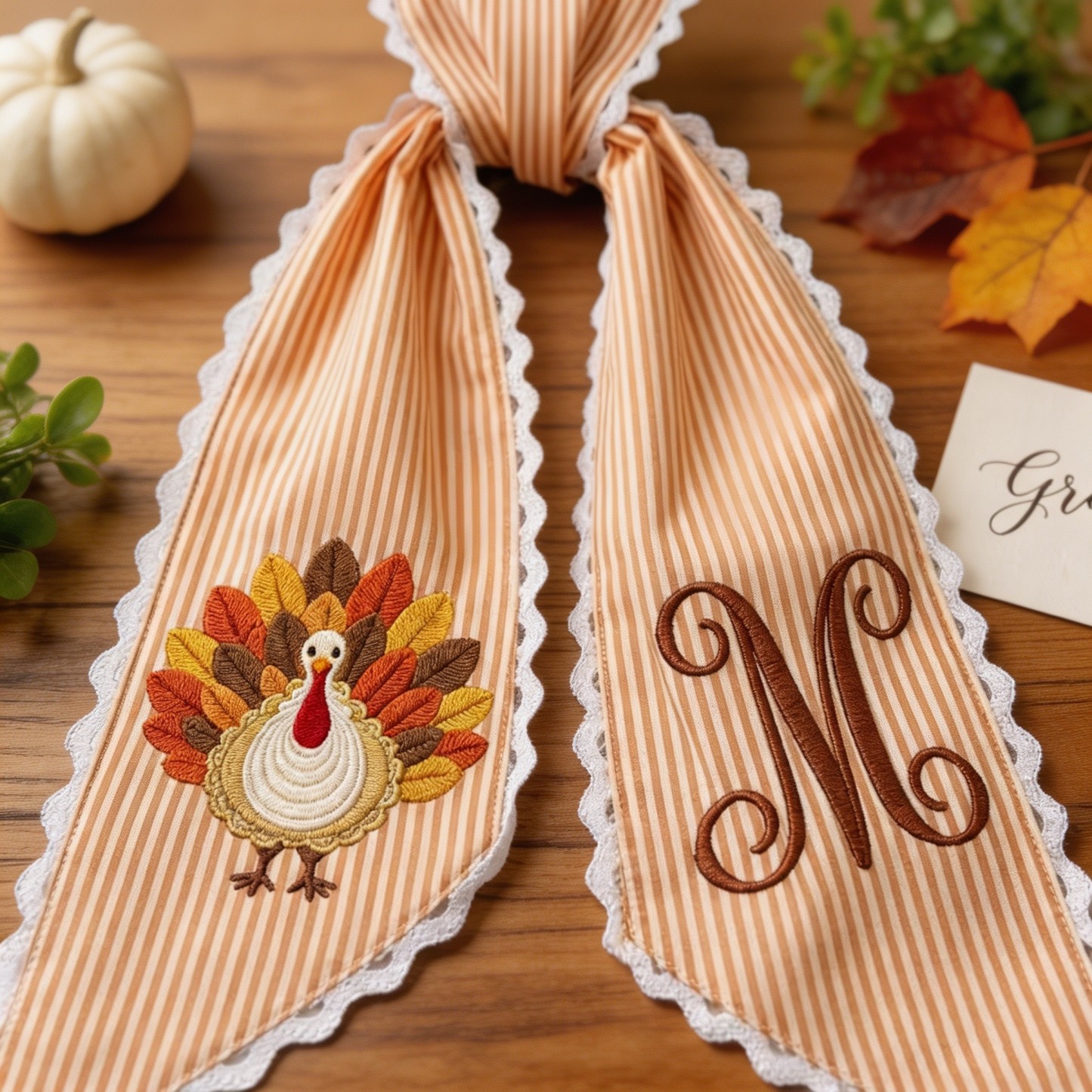 Personalized Thanksgiving Wreath Sash, Embroidered Turkey & Monogram, Fall Front Door Wreath Decor