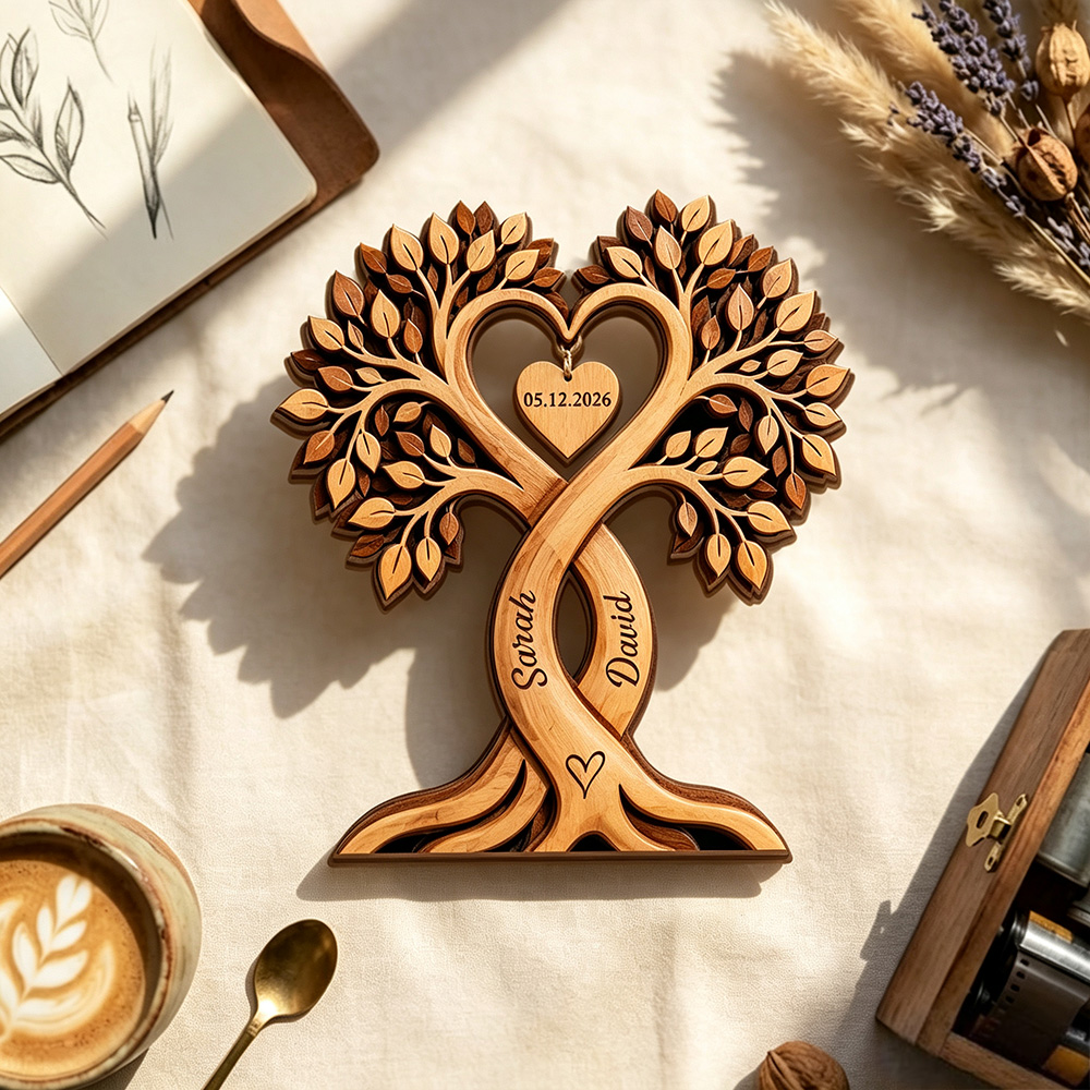 Personalized Couple Heart Tree Wooden Block, Custom Name Wooden Plaque, Wedding & Anniversary Gift for Couples