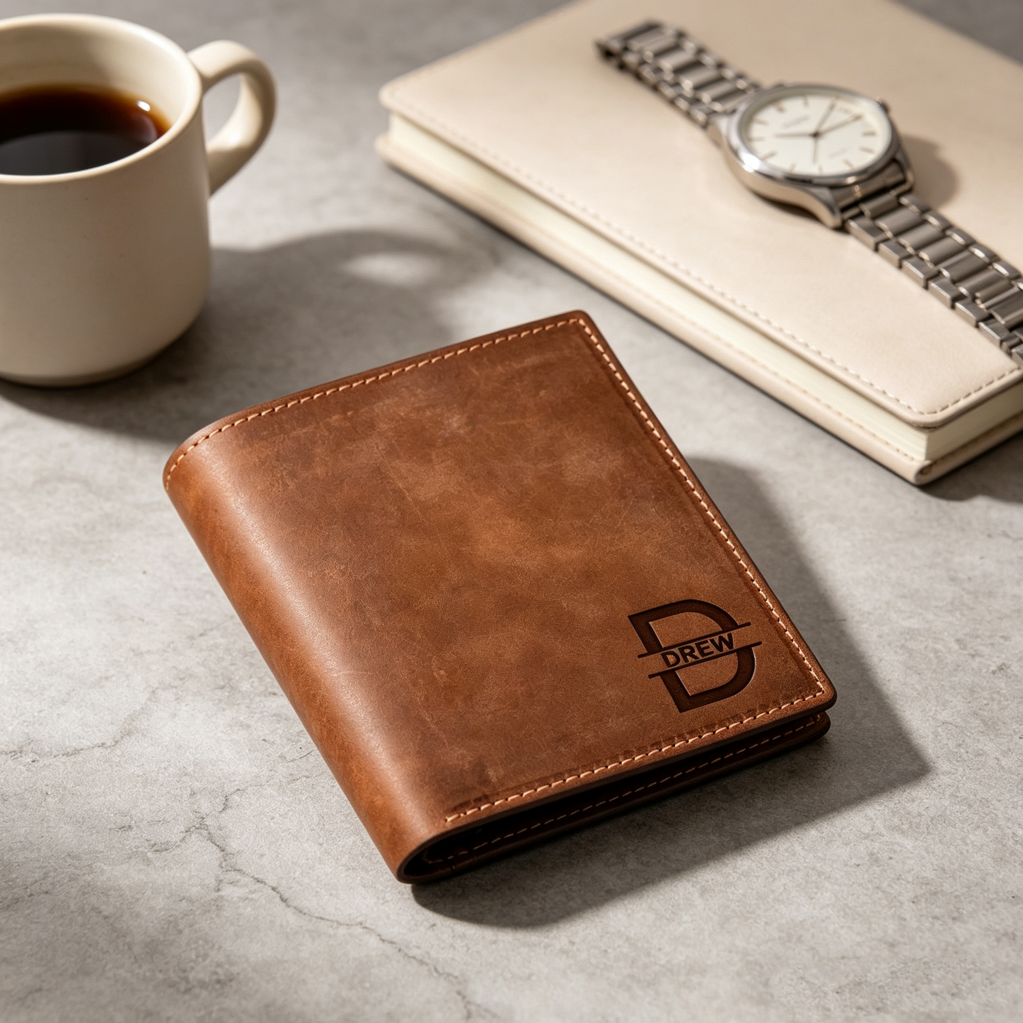 Personalized Trifold Leather Wallet for Men – Custom Engraved Gift for Husband, Boyfriend or Dad
