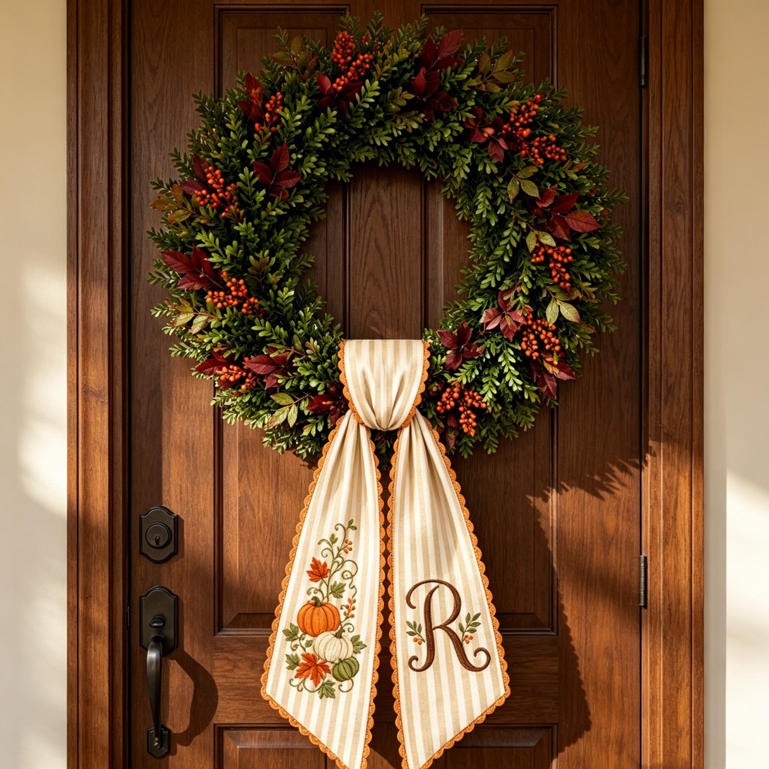 Personalized Fall Wreath Sash, Embroidered Pumpkin & Monogram, Custom Initial Front Door Wreath Decor