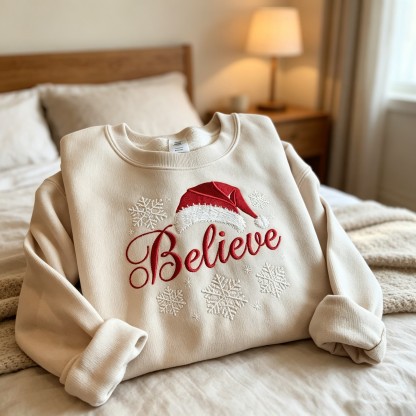 Festive Holiday Crewneck with Santa Hat & Snowflakes, Soft Cotton Blend for Family Gatherings & Parties