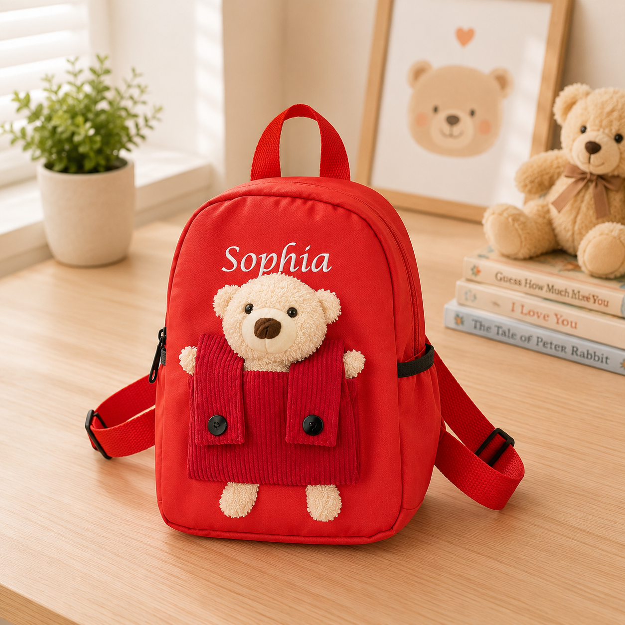 Personalized Teddy Bear Backpack with Detachable Plush – Custom Name Kids School Bag