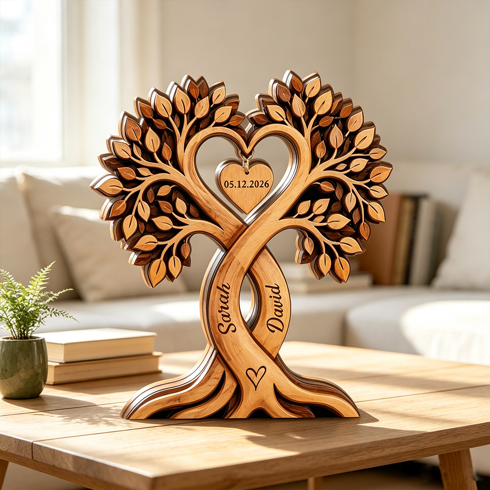 Personalized Couple Heart Tree Wooden Block, Custom Name Wooden Plaque, Wedding & Anniversary Gift for Couples