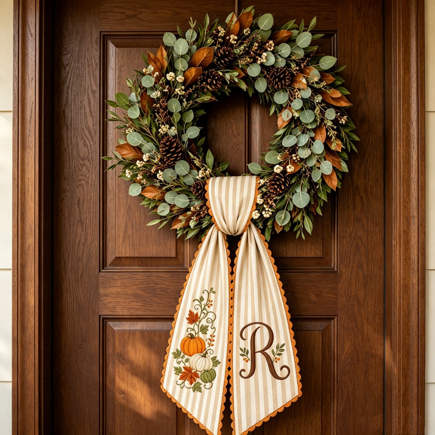 Personalized Fall Wreath Sash, Embroidered Pumpkin & Monogram, Custom Initial Front Door Wreath Decor