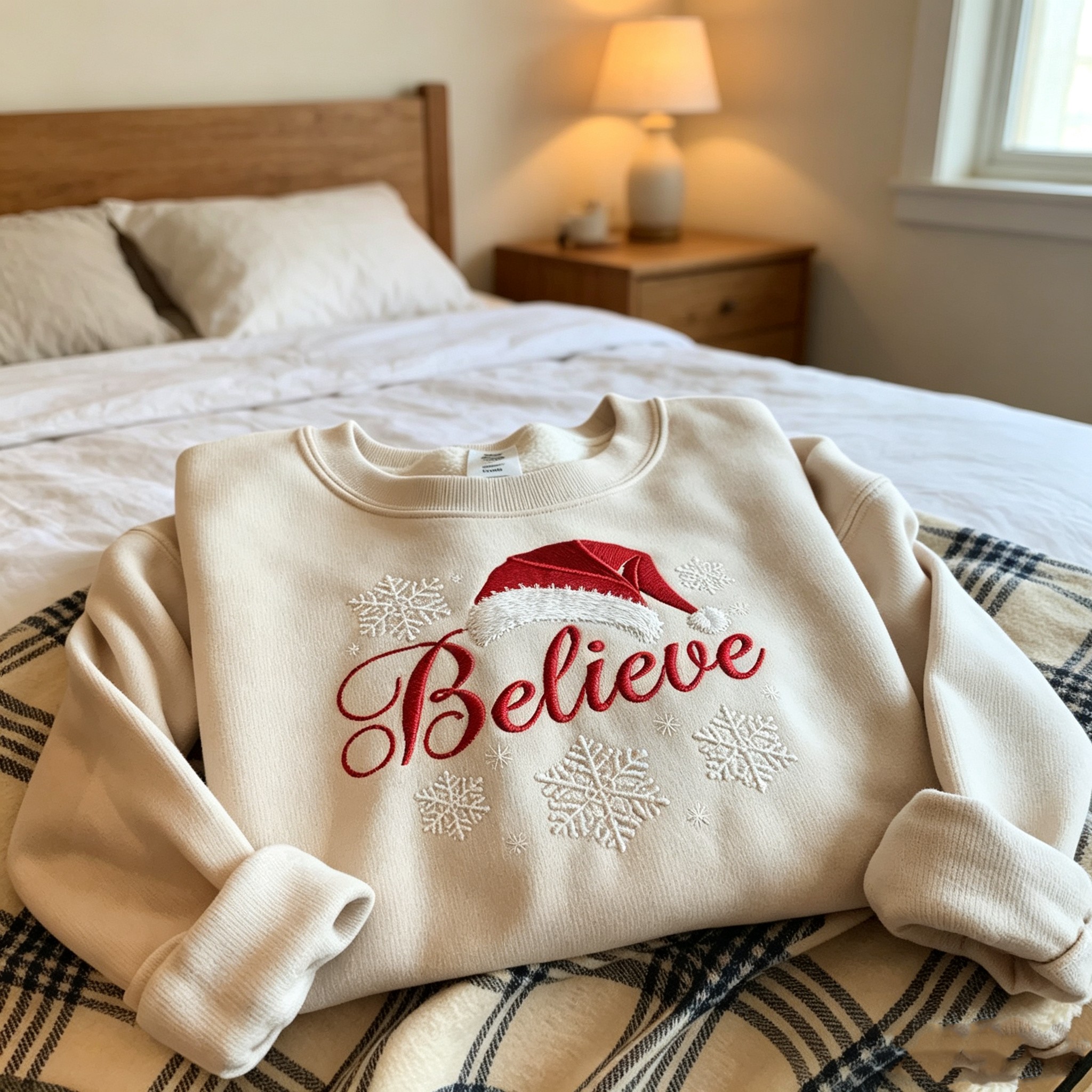 Festive Holiday Crewneck with Santa Hat & Snowflakes, Soft Cotton Blend for Family Gatherings & Parties