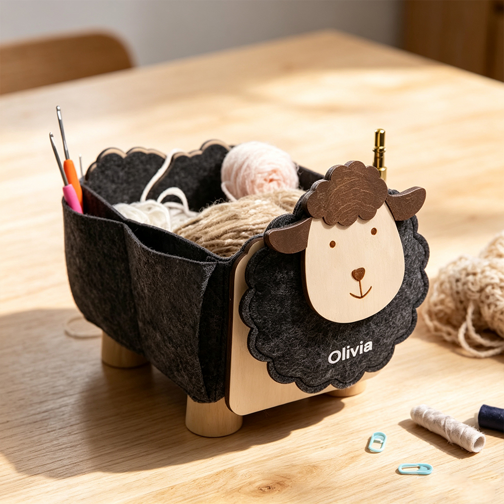 Personalized Sheep-Shaped Sewing Organizer with Custom Name, Foldable Yarn and Crochet Tool Storage Box, Gift for Crafters