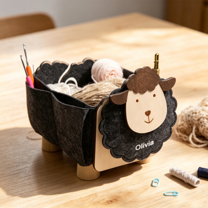 Personalized Sheep-Shaped Sewing Organizer with Custom Name, Foldable Yarn and Crochet Tool Storage Box, Gift for Crafters