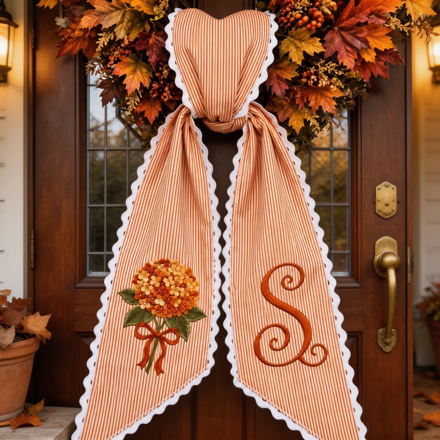 Personalized Hydrangea Wreath Sash, Embroidered Ticking Stripe Door Bow, Custom Initial Front Door Wreath Decor