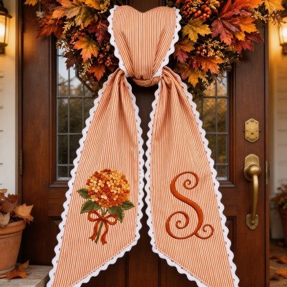 Personalized Hydrangea Wreath Sash, Embroidered Ticking Stripe Door Bow, Custom Initial Front Door Wreath Decor