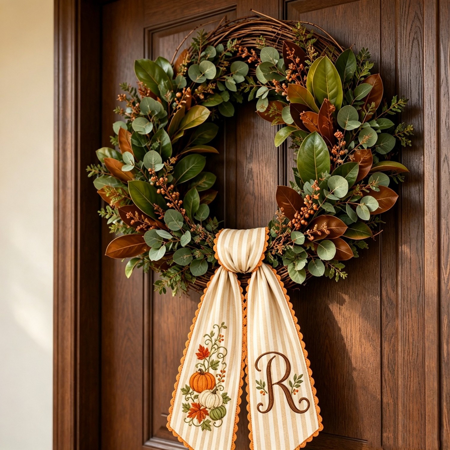 Personalized Fall Wreath Sash, Embroidered Pumpkin & Monogram, Custom Initial Front Door Wreath Decor