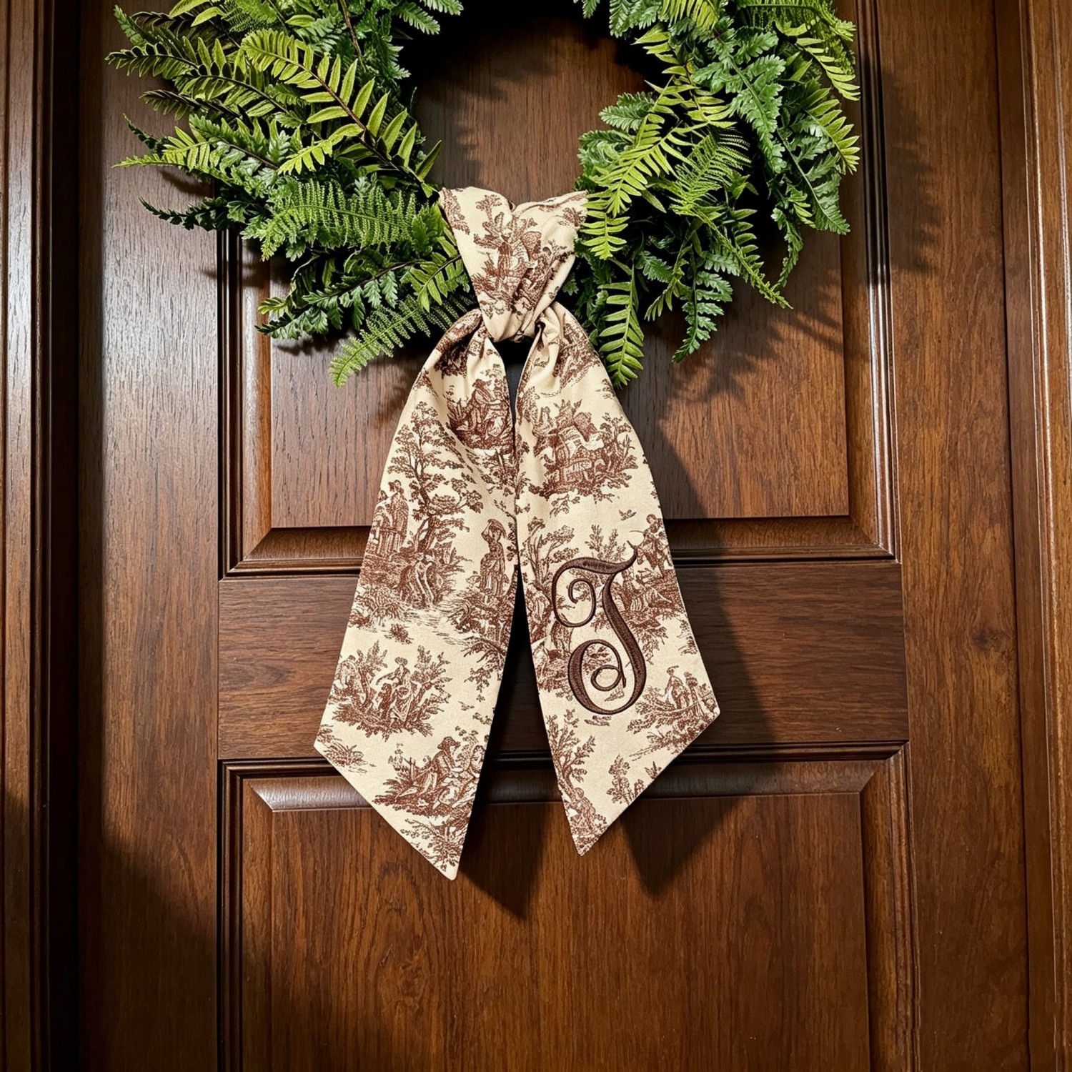  Personalized Brown Toile Wreath Sash, Custom Embroidered Monogram, French Cottage Front Door Wreath Decor