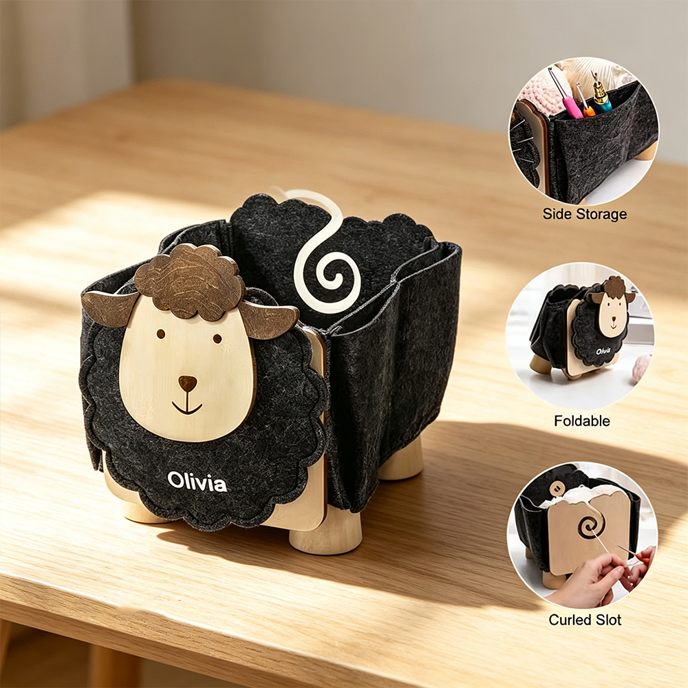 Personalized Sheep-Shaped Sewing Organizer with Custom Name, Foldable Yarn and Crochet Tool Storage Box, Gift for Crafters