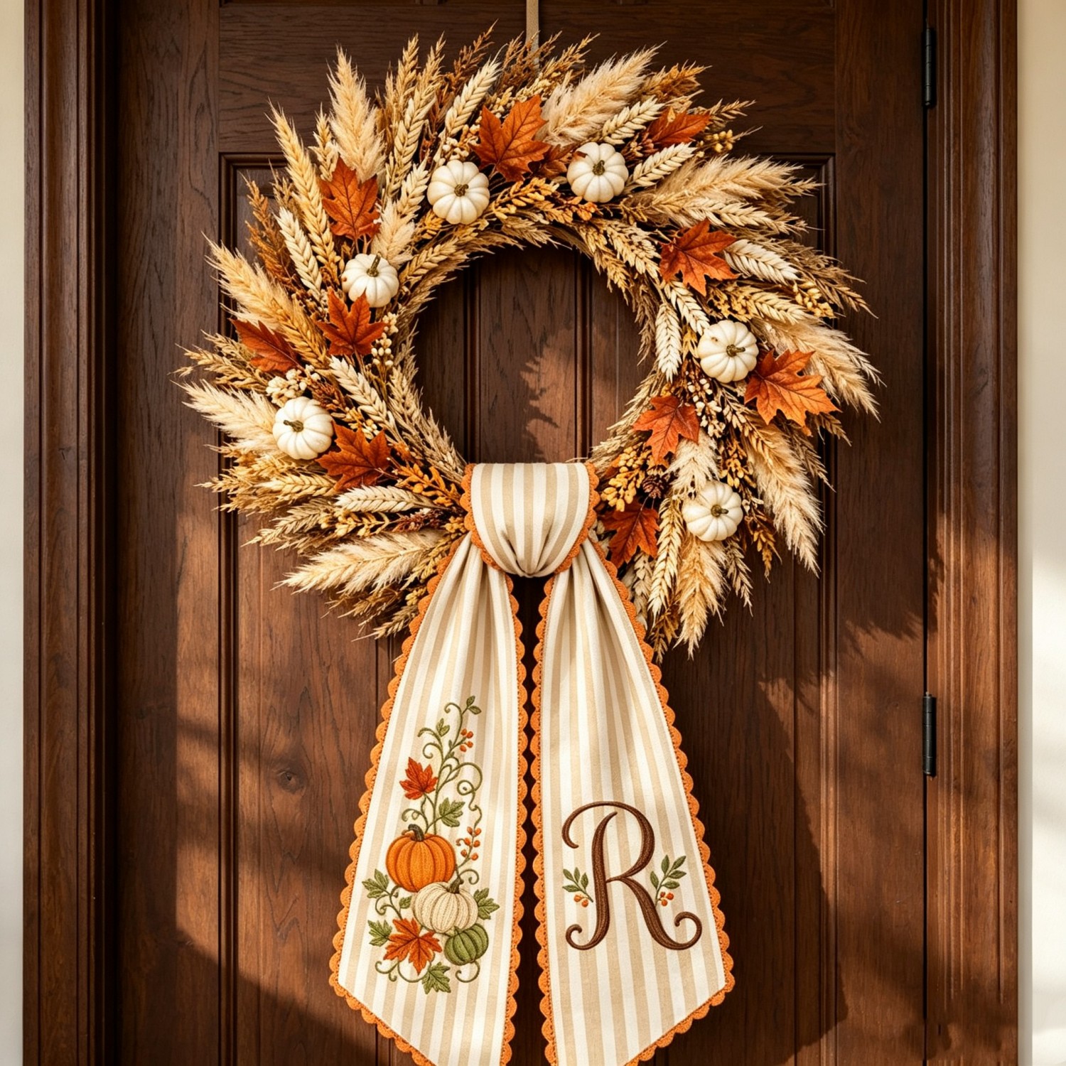 Personalized Fall Wreath Sash, Embroidered Pumpkin & Monogram, Custom Initial Front Door Wreath Decor