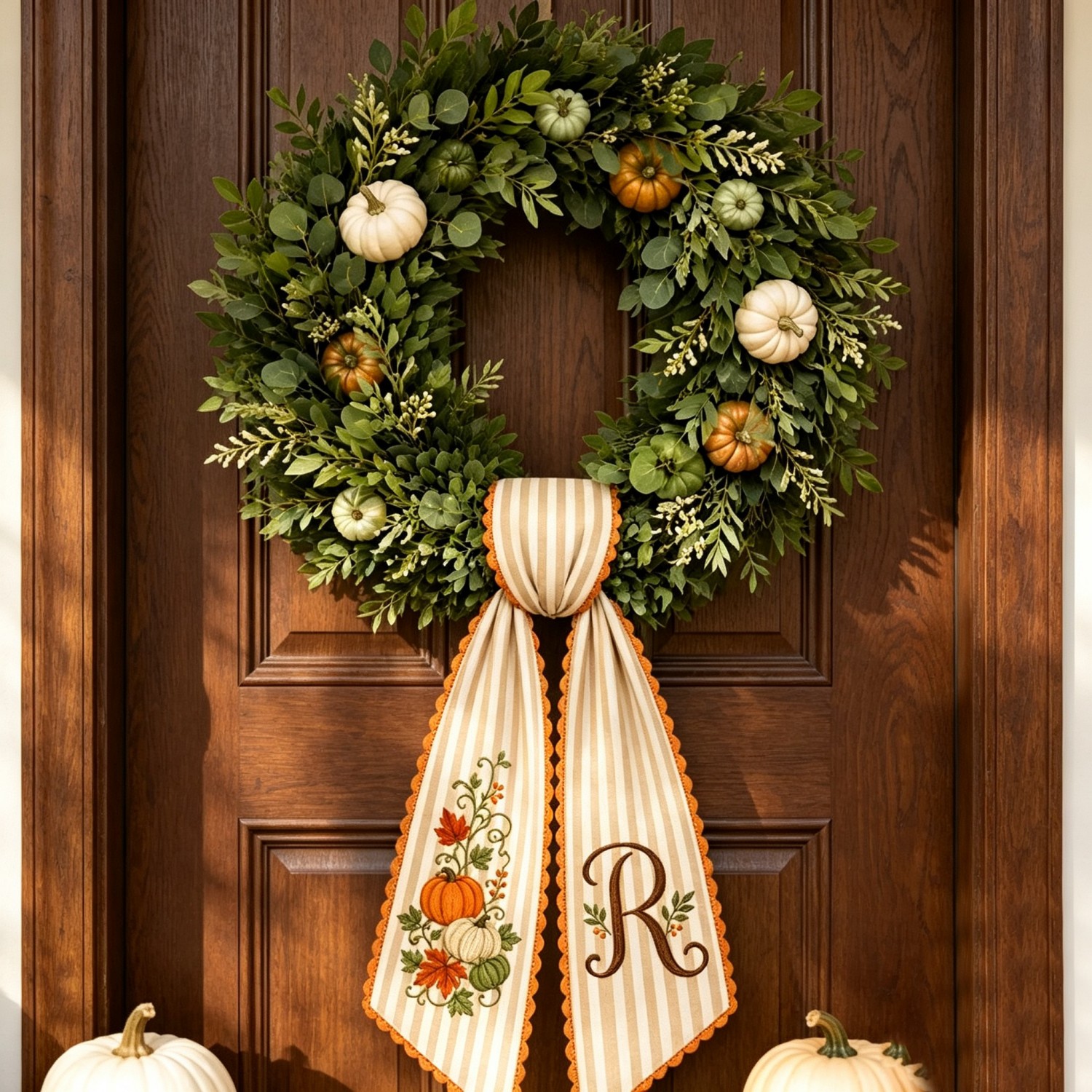 Personalized Fall Wreath Sash, Embroidered Pumpkin & Monogram, Custom Initial Front Door Wreath Decor