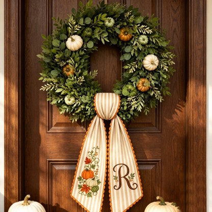 Personalized Fall Wreath Sash, Embroidered Pumpkin & Monogram, Custom Initial Front Door Wreath Decor
