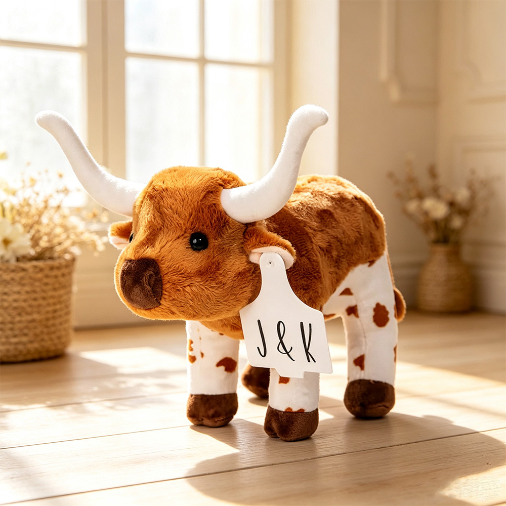 Personalized Longhorn Cow Plush Toy with Custom Name Tag Cute Stuffed Animal Birthday Gift for Kids Cow Lovers