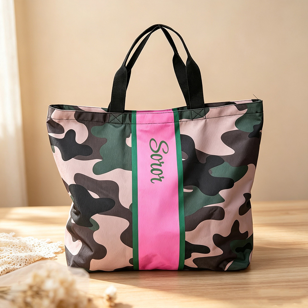 Personalized Camouflage Tote Bag (with Pink & Green Stripes) — A Custom Name Travel Bag for Sorority Sisters and Friends