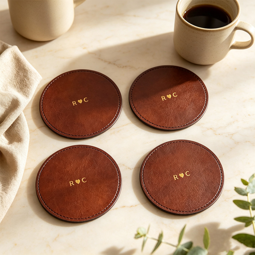Personalized Leather Coaster Set, Custom Initials Drink Coasters, Handmade Genuine Leather Coasters, Couple Wedding Gift, Housewarming Gift