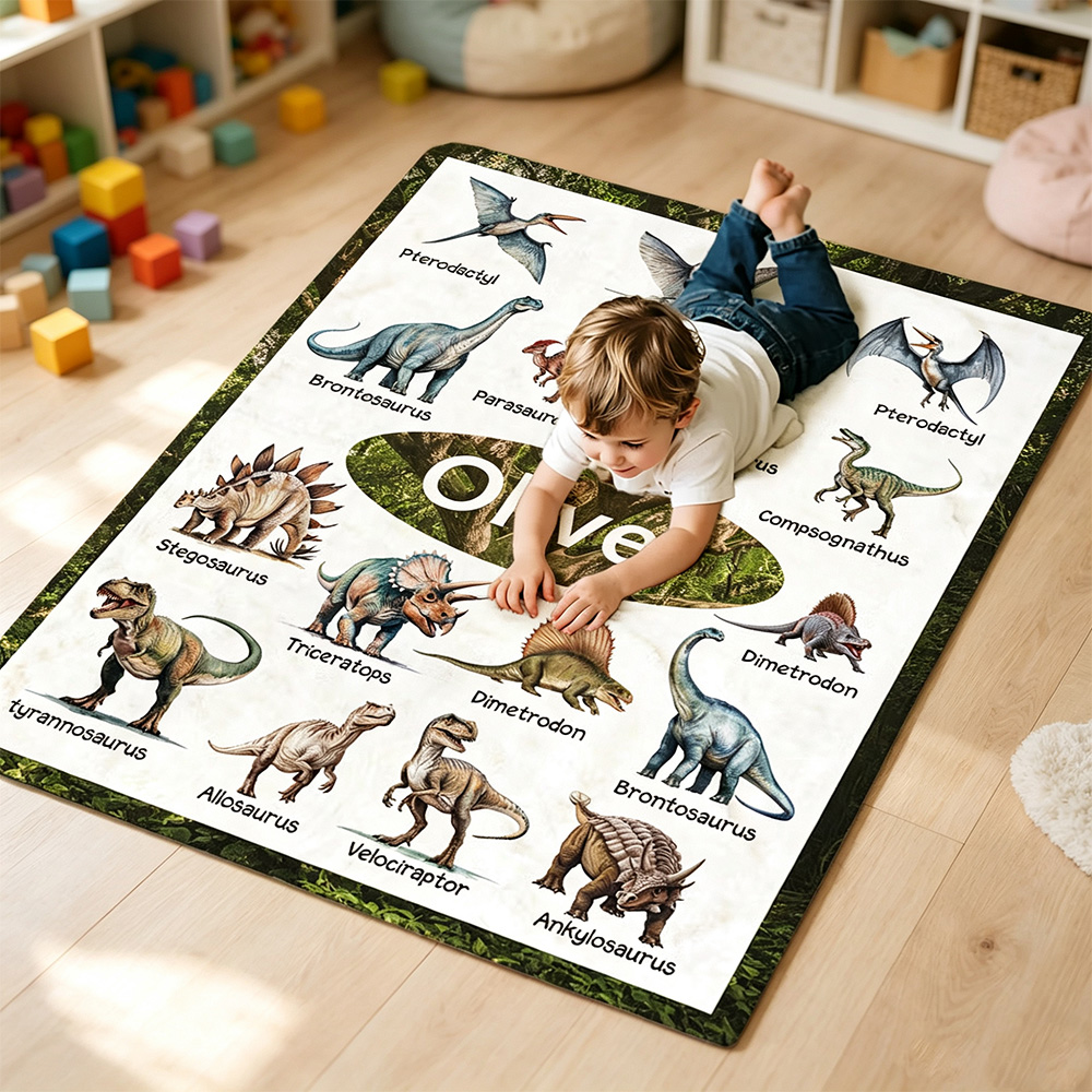 Personalised Dinosaur Name Fleece Blanket, Educational Prehistoric Animal Throw for Kids, Birthday and Christmas Gift for Dinosaur Lovers