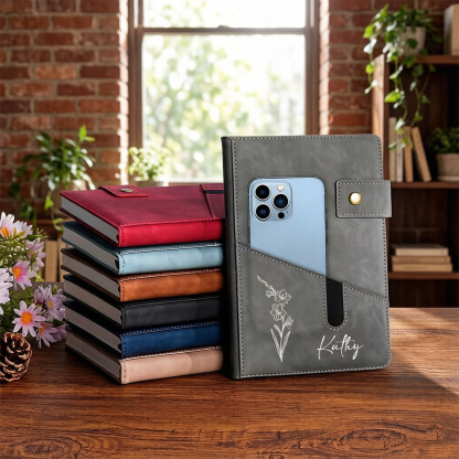 Personalized Birth Flower A5 Notebook with Custom Name, PU Leather Journal with Phone Pocket and Lined Pages, Gift for Women