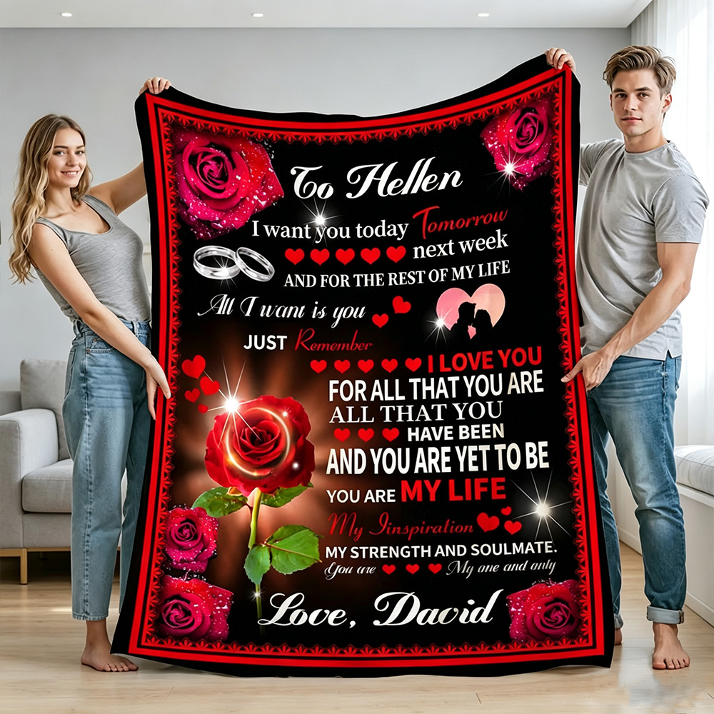 Personalized Love Letter Fleece Blanket, Custom Roses Blanket with Names, Romantic Valentine's Day Gift for Couples