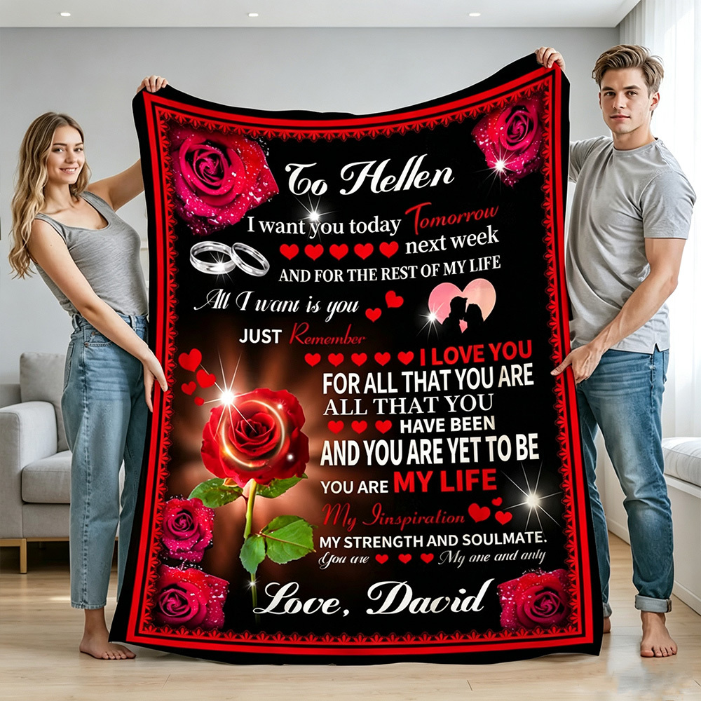 Personalized Love Letter Fleece Blanket, Custom Roses Blanket with Names, Romantic Valentine's Day Gift for Couples
