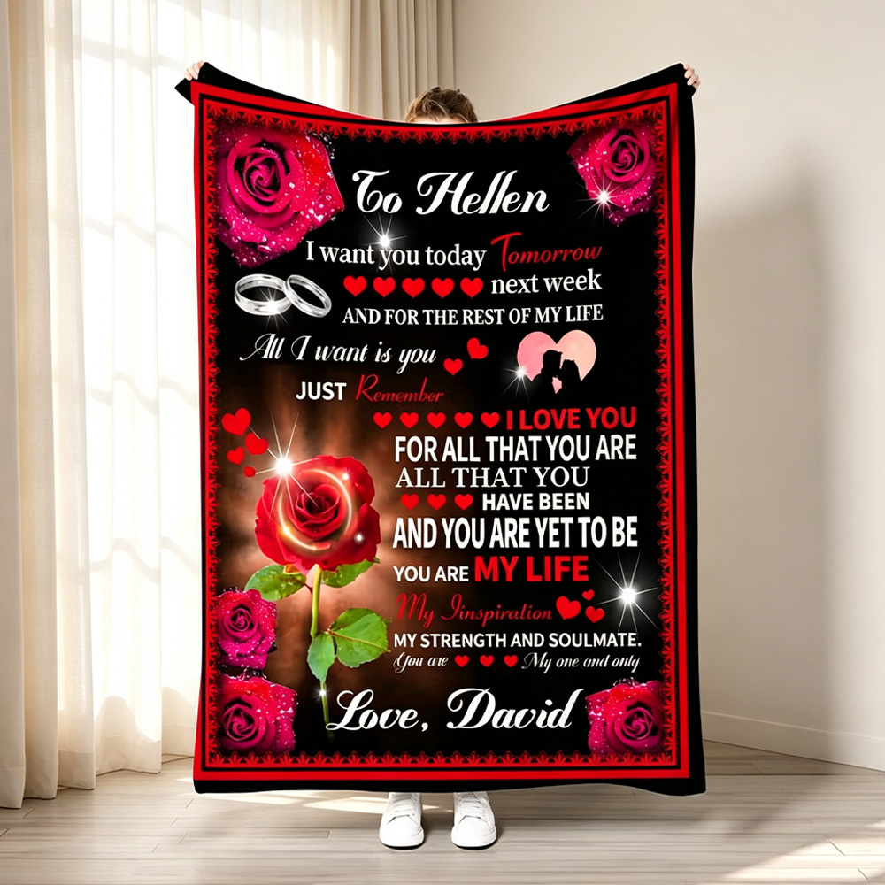 Personalized Love Letter Fleece Blanket, Custom Roses Blanket with Names, Romantic Valentine's Day Gift for Couples
