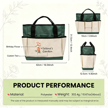 Personalized Gardening Tool Organizer Bag – A custom birth-flower themed gardening gift designed for moms, grandmothers, or gardening enthusiasts.