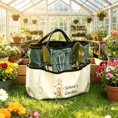 Personalized Gardening Tool Organizer Bag – A custom birth-flower themed gardening gift designed for moms, grandmothers, or gardening enthusiasts.