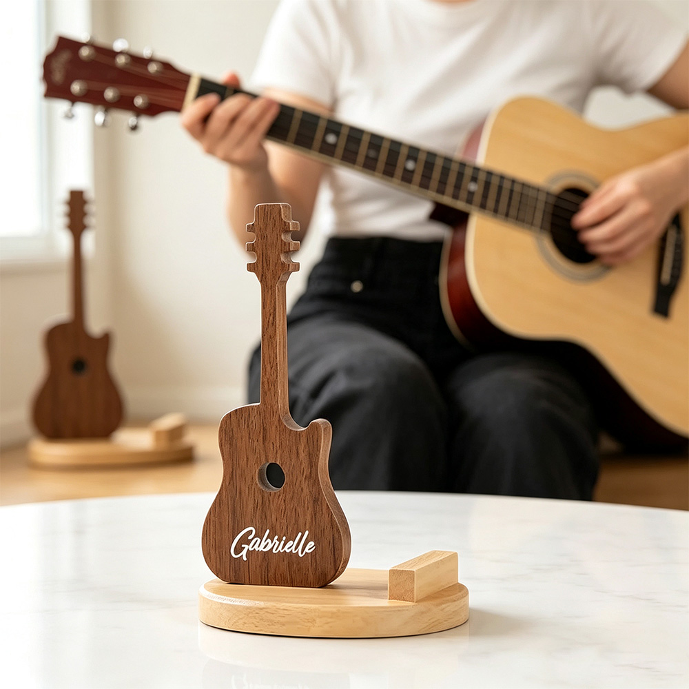Personalised Guitar-Shaped Wooden Phone Stand with Engraved Name, Desktop Mobile Holder and Music Lover Gift