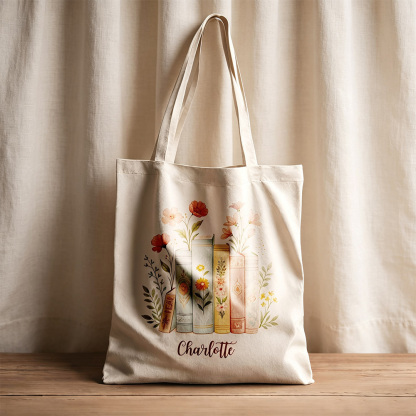 Personalized Floral Book Stack Tote Bag – Custom Name Canvas Tote for Book Lovers, Teachers & Librarians