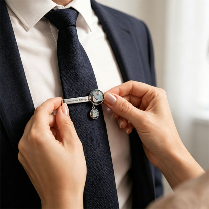 Personalized Photo Tie Clip for Dad - Custom Engraved "Father of the Bride" or "I Love You Dad" Necktie Bar - Stainless Steel Picture Tie Tack Gift for Wedding, Father's Day, Anniversary