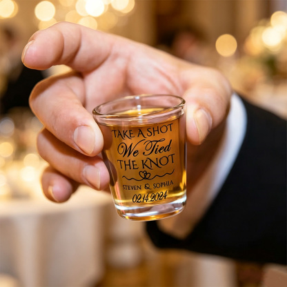 Personalized "Tie the Knot" Themed Shot Glasses (Includes Names, Set of 2) — Bachelor/Bachelorette Party and Wedding Gifts