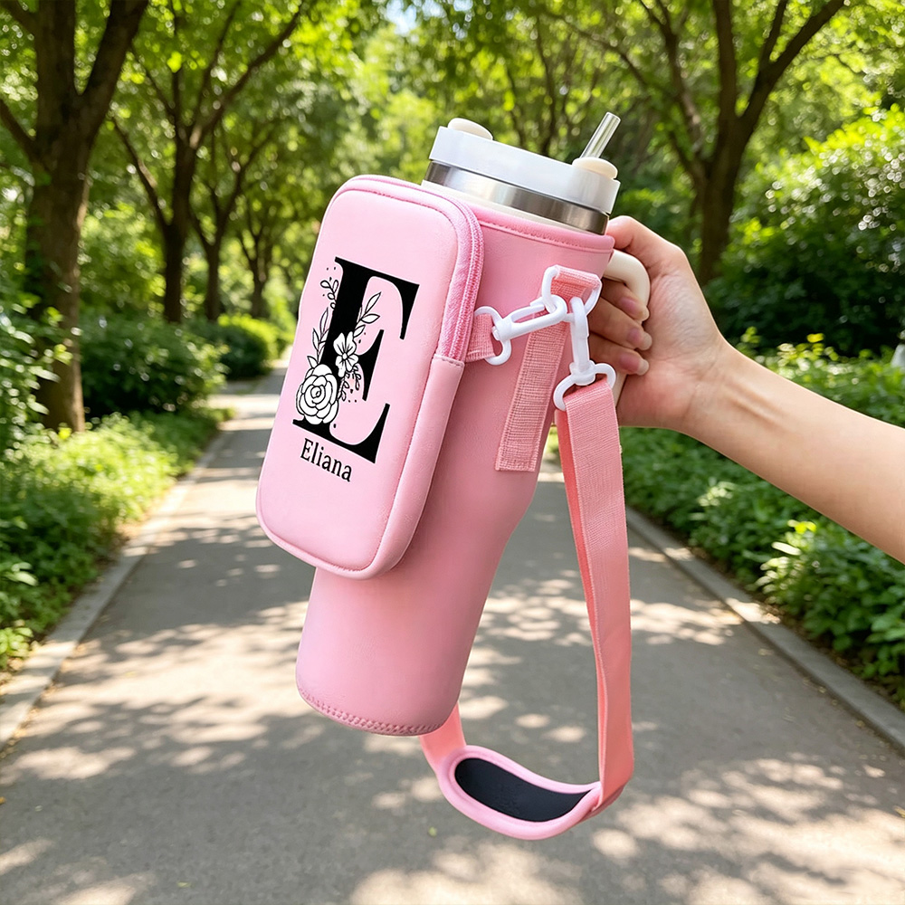 Personalized Floral Initial Water Bottle Carrier Bag with Removable Pouch & Adjustable Strap, Tumbler Holder Accessory for 40oz Stanley Cup, Birthday Gift for Women