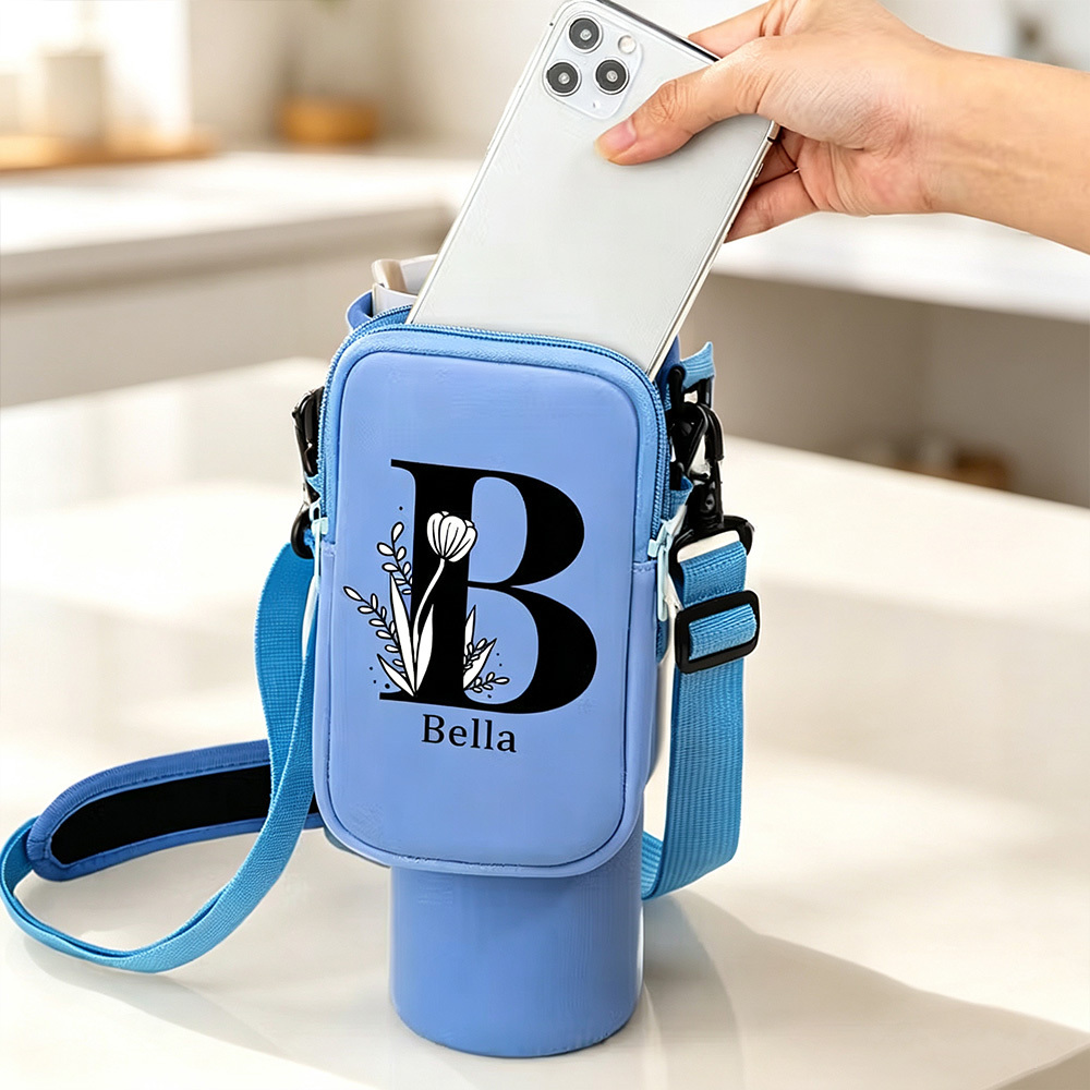Personalized Floral Initial Water Bottle Carrier Bag with Removable Pouch & Adjustable Strap, Tumbler Holder Accessory for 40oz Stanley Cup, Birthday Gift for Women