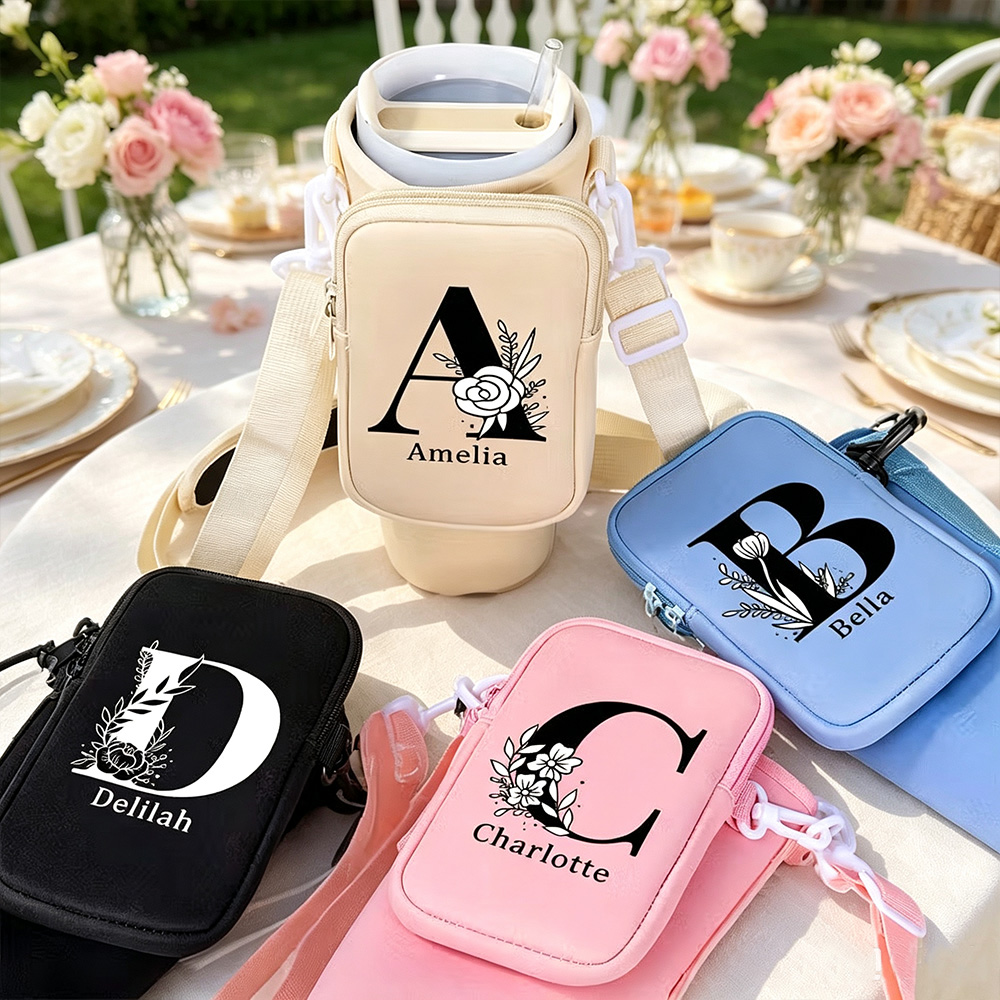 Personalized Floral Initial Water Bottle Carrier Bag with Removable Pouch & Adjustable Strap, Tumbler Holder Accessory for 40oz Stanley Cup, Birthday Gift for Women
