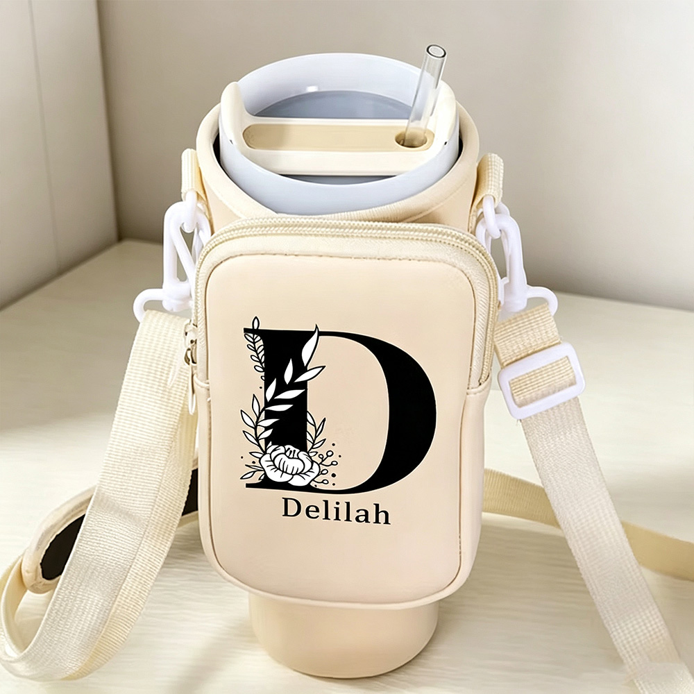 Personalized Floral Initial Water Bottle Carrier Bag with Removable Pouch & Adjustable Strap, Tumbler Holder Accessory for 40oz Stanley Cup, Birthday Gift for Women