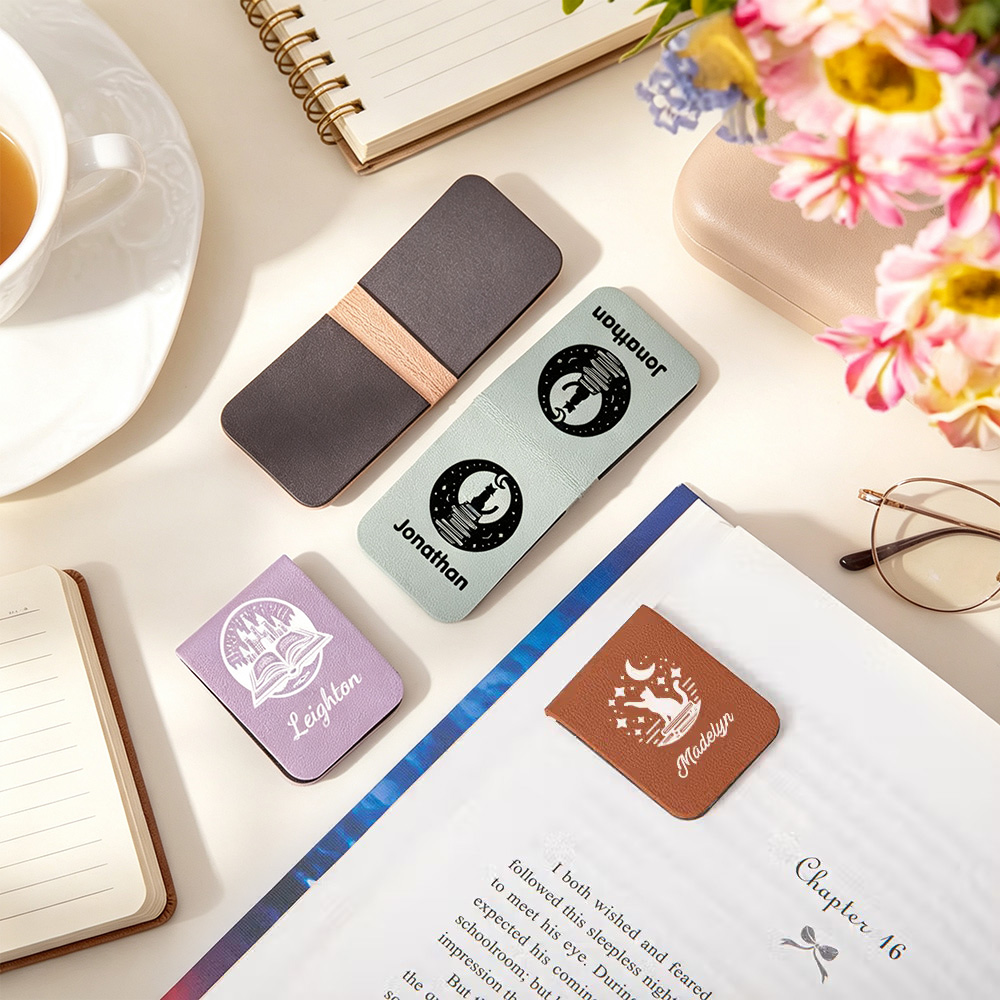 Personalized Magnetic Leather Bookmark with Name, Book Castle Night View Bookmark Clip, Gift for Book Lovers & Readers
