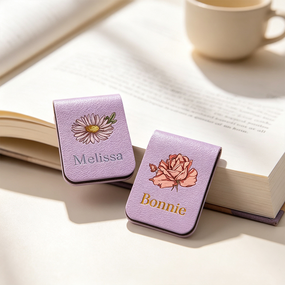 Personalized Birth Flower Magnetic Leather Bookmark with Engraved Name, Custom Reading Gift for Book Lovers