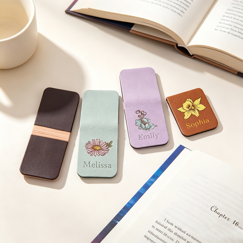 Personalized Birth Flower Magnetic Leather Bookmark with Engraved Name, Custom Reading Gift for Book Lovers