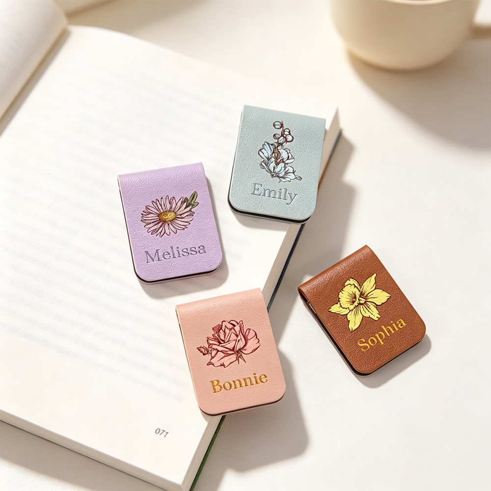 Personalized Birth Flower Magnetic Leather Bookmark with Engraved Name, Custom Reading Gift for Book Lovers