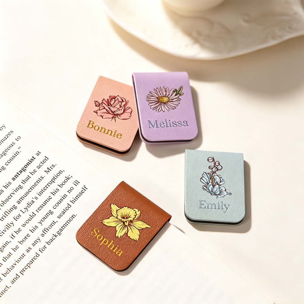 Personalized Birth Flower Magnetic Leather Bookmark with Engraved Name, Custom Reading Gift for Book Lovers
