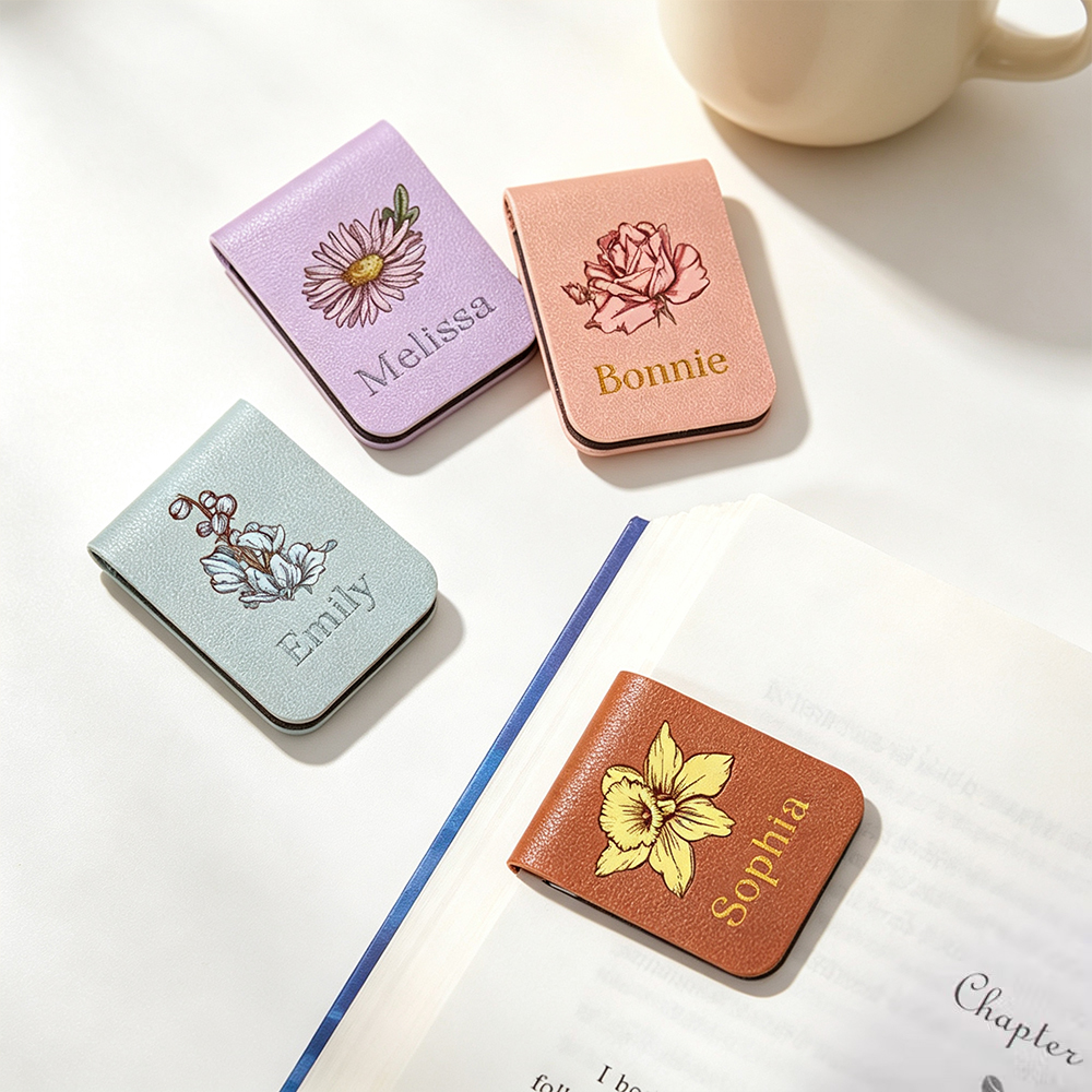 Personalized Birth Flower Magnetic Leather Bookmark with Engraved Name, Custom Reading Gift for Book Lovers