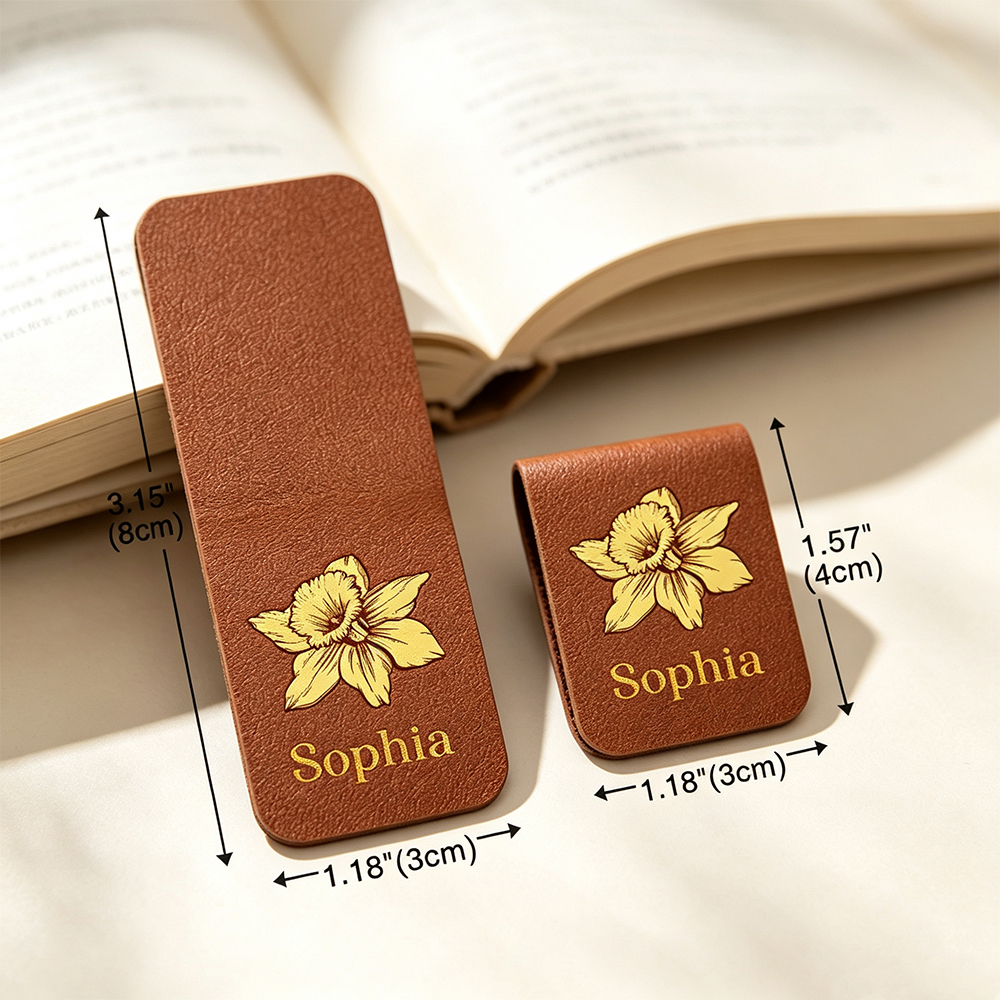 Personalized Birth Flower Magnetic Leather Bookmark with Engraved Name, Custom Reading Gift for Book Lovers
